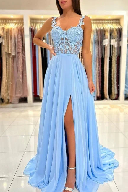 Dress Beautiful Long Blue Simple Straps Appliques Sleeveless Evening Dresses With Slit