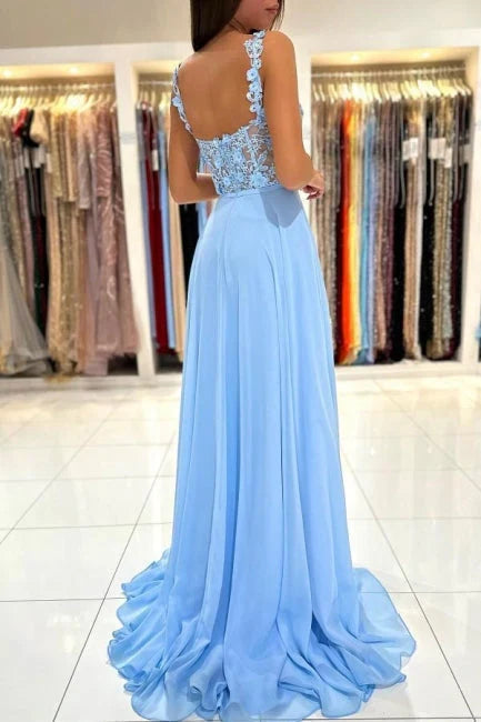 Dress Beautiful Long Blue Simple Straps Appliques Sleeveless Evening Dresses With Slit