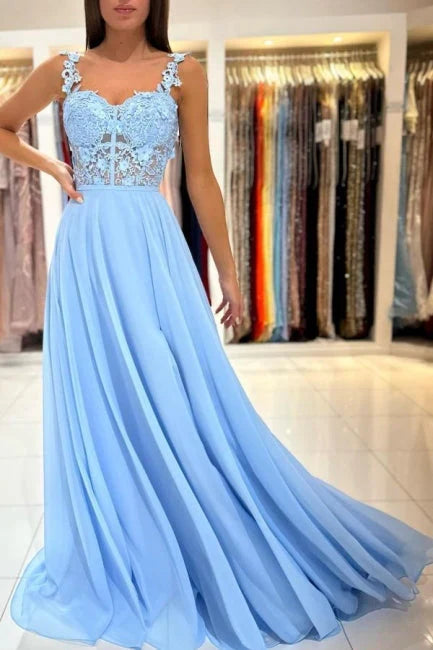 Dress Beautiful Long Blue Simple Straps Appliques Sleeveless Evening Dresses With Slit
