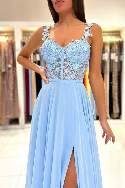 Dress Beautiful Long Blue Simple Straps Appliques Sleeveless Evening Dresses With Slit