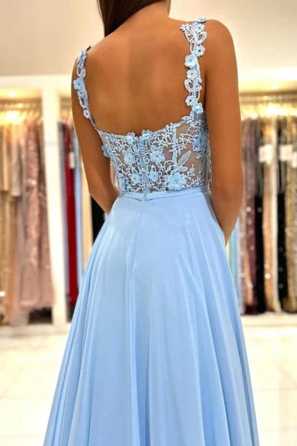 Dress Beautiful Long Blue Simple Straps Appliques Sleeveless Evening Dresses With Slit