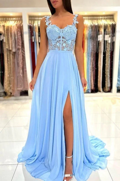 Dress Beautiful Long Blue Simple Straps Appliques Sleeveless Evening Dresses With Slit
