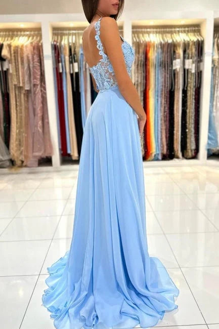 Dress Beautiful Long Blue Simple Straps Appliques Sleeveless Evening Dresses With Slit