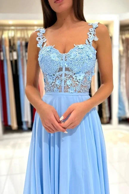 Dress Beautiful Long Blue Simple Straps Appliques Sleeveless Evening Dresses With Slit