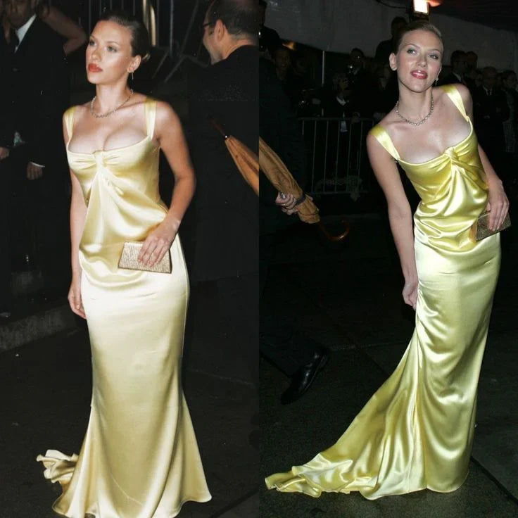 Dress Beautiful Mermaid Square Neckline Yellow Satin Party Dresses Prom Dress