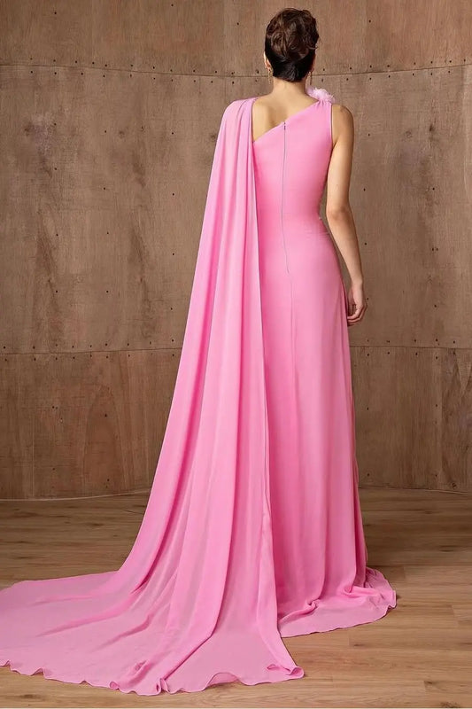 Dress Beautiful Pink Chiffon One Shoulder Sleeveless Slim Prom Dress With Flower