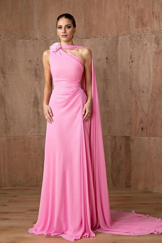 Dress Beautiful Pink Chiffon One Shoulder Sleeveless Slim Prom Dress With Flower