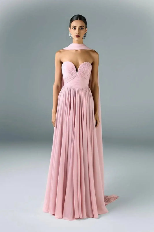 Dress Beautiful Rose Pink Satin Strapless Sweetheart Sleeveless Maxi Dress Pleated with Scarf Prom Dress