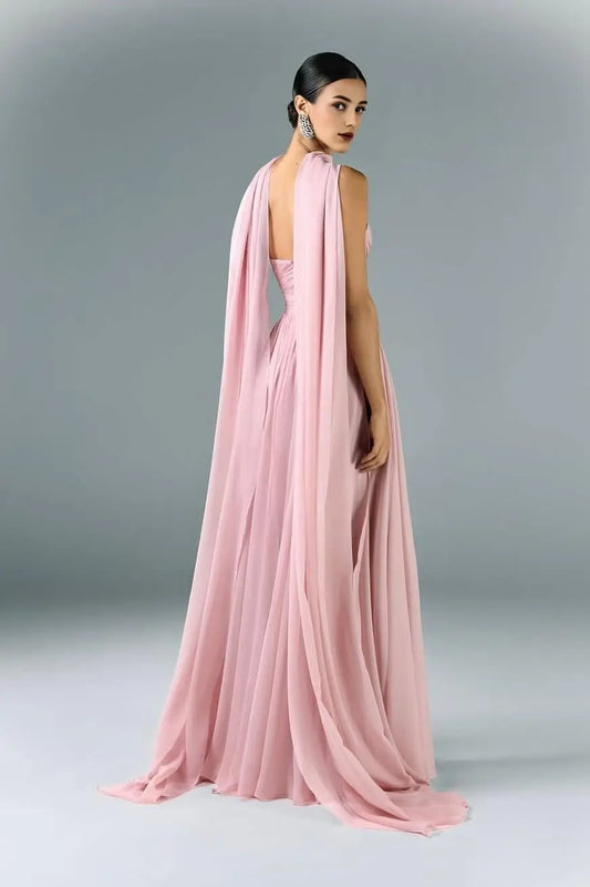 Dress Beautiful Rose Pink Satin Strapless Sweetheart Sleeveless Maxi Dress Pleated with Scarf Prom Dress
