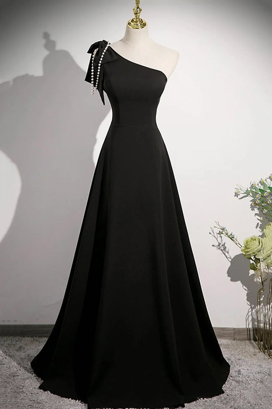 Dress Black A-Line Long Evening Dress Simple One Shoulder Party Dress Floor Length Prom Dress
