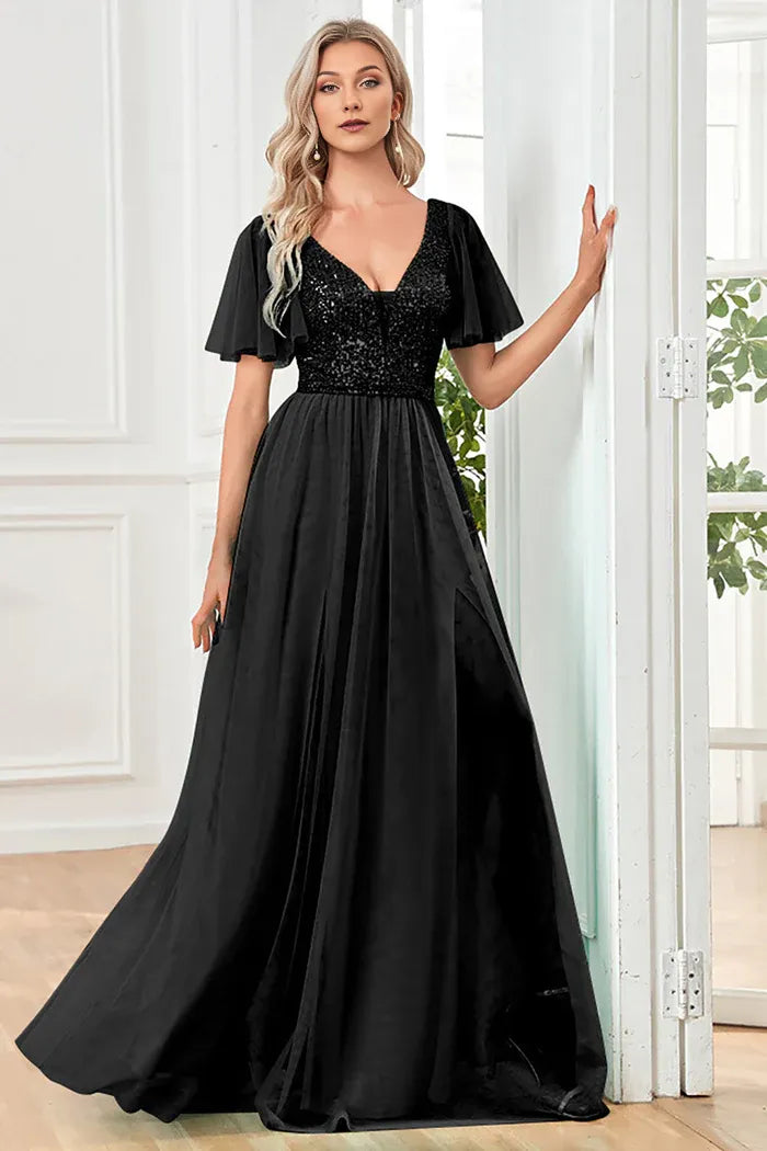 Dress Black A-Line V Neck Party Dress Maxi Dress Sleeveless With Sequins Prom Dress
