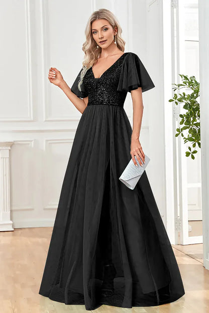 Dress Black A-Line V Neck Party Dress Maxi Dress Sleeveless With Sequins Prom Dress