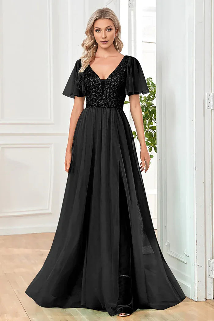 Dress Black A-Line V Neck Party Dress Maxi Dress Sleeveless With Sequins Prom Dress