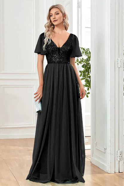 Dress Black A-Line V Neck Party Dress Maxi Dress Sleeveless With Sequins Prom Dress
