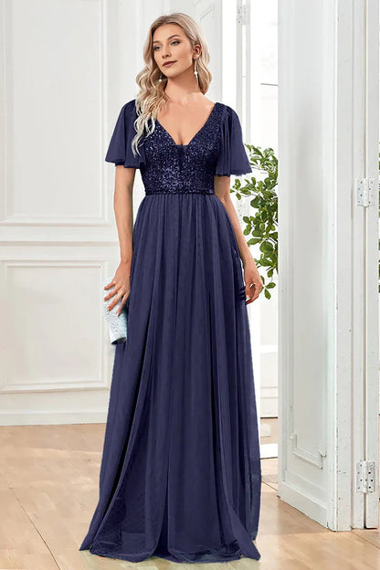 Dress Black A-Line V Neck Party Dress Maxi Dress Sleeveless With Sequins Prom Dress