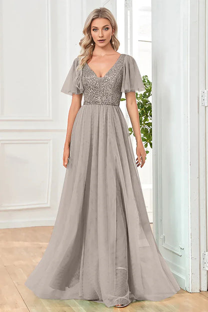 Dress Black A-Line V Neck Party Dress Maxi Dress Sleeveless With Sequins Prom Dress