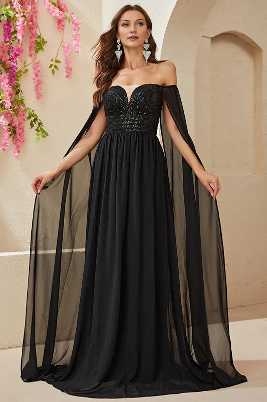 Dress Black A-line Off The Shoulder Chiffon Party Dress Maxi Dress Sleeveless With Sequins Prom Dress