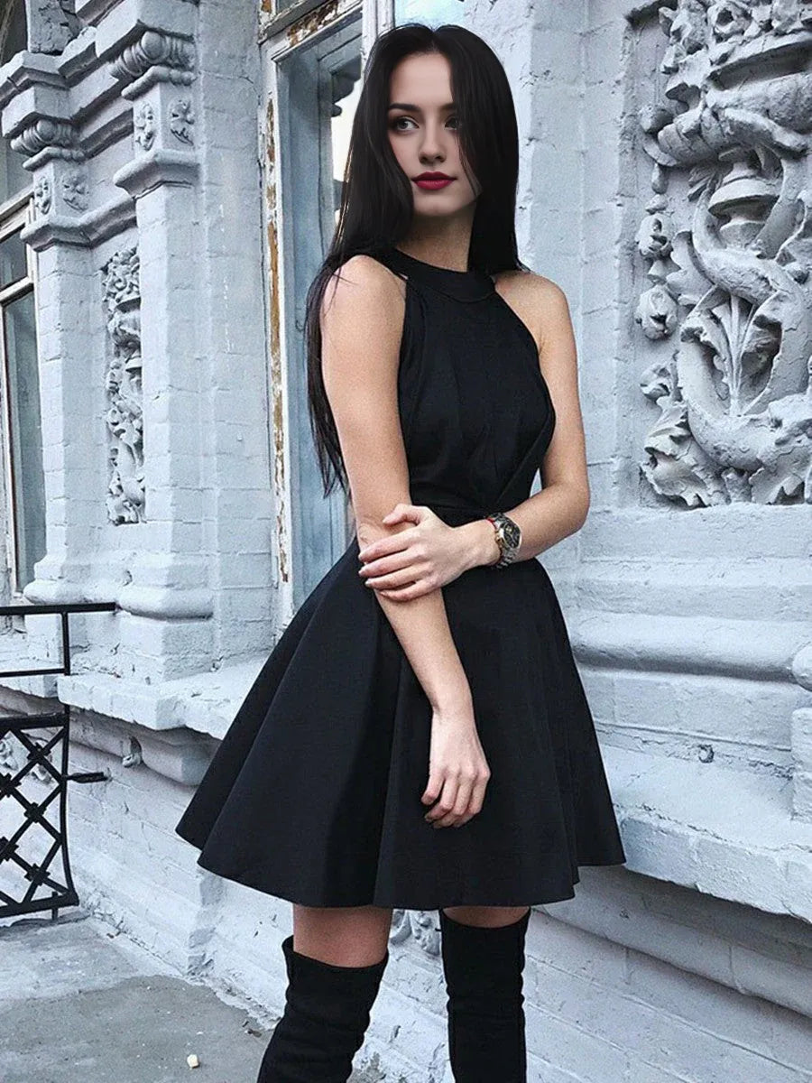 Dress Black A Line Round Neck Pleated Satin Short Prom Homecoming Dresses