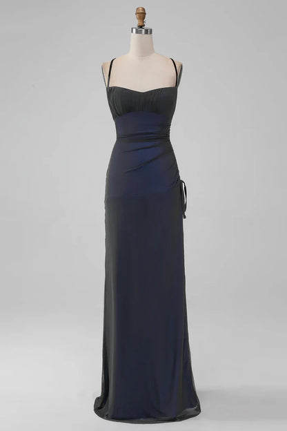 Dress Black Blue Spaghetti Straps Mermaid Pleated Lace Up Prom Dress With Slit