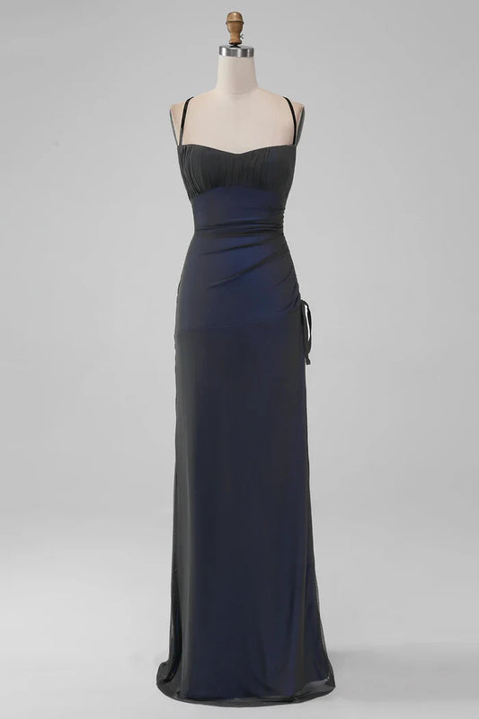 Dress Black Blue Spaghetti Straps Mermaid Pleated Lace Up Prom Dress With Slit