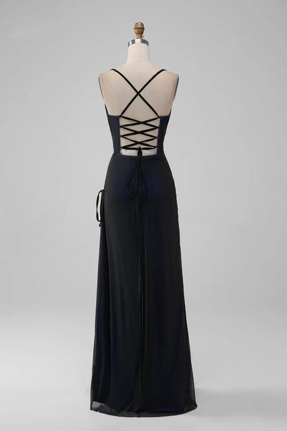 Dress Black Blue Spaghetti Straps Mermaid Pleated Lace Up Prom Dress With Slit