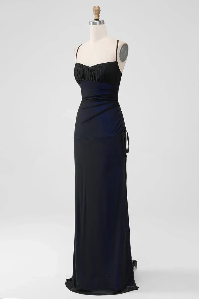 Dress Black Blue Spaghetti Straps Mermaid Pleated Lace Up Prom Dress With Slit