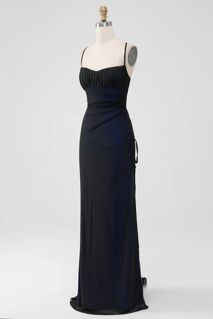 Dress Black Blue Spaghetti Straps Mermaid Pleated Lace Up Prom Dress With Slit
