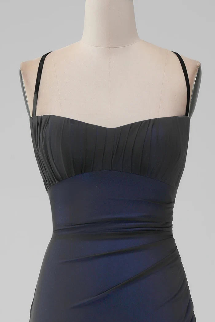 Dress Black Blue Spaghetti Straps Mermaid Pleated Lace Up Prom Dress With Slit