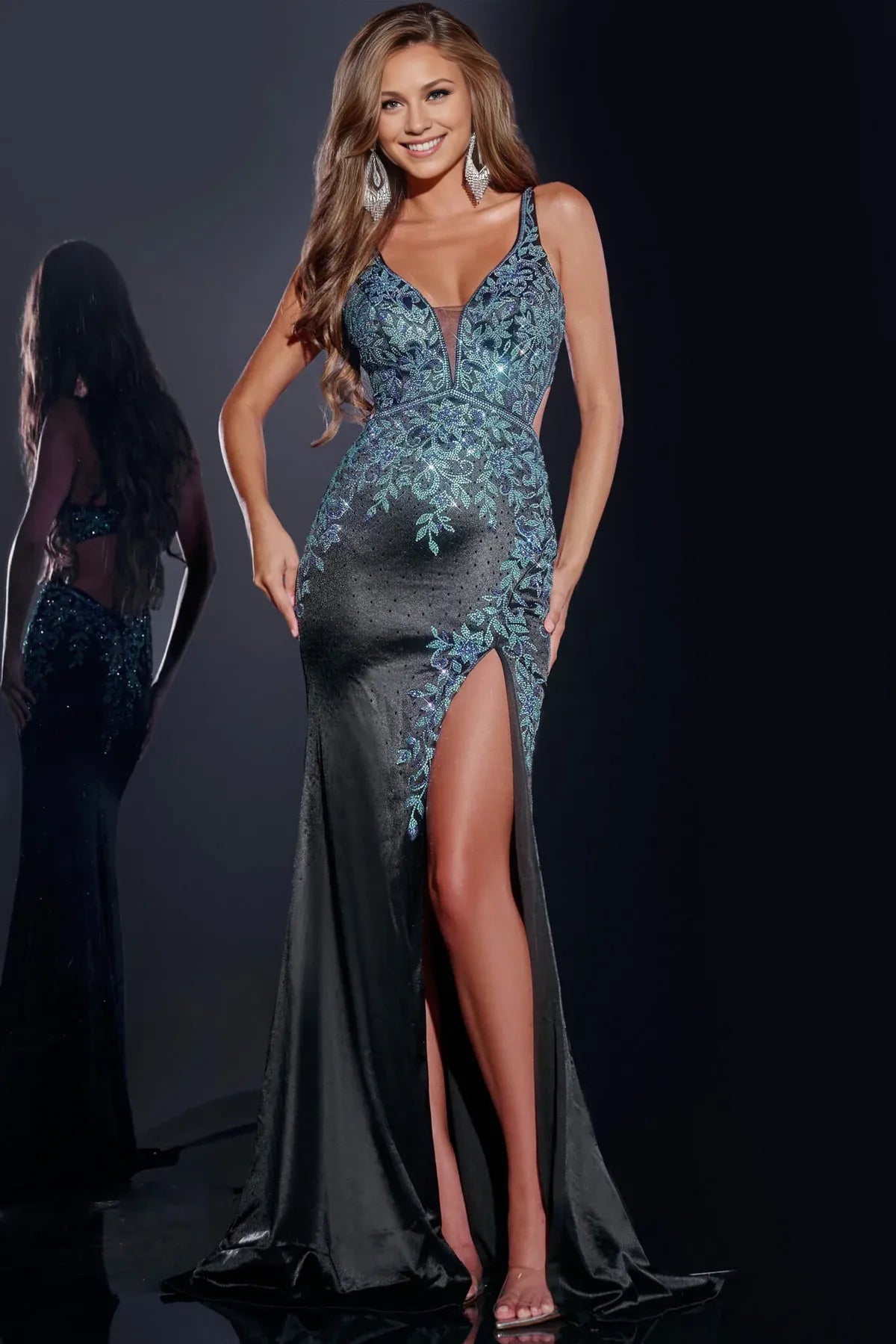 Dress Black Evening Dress Spaghetti Strap Fit Plunging V Neck Blue Embroidered Bodice And A Dramatic High Slit Prom Dress