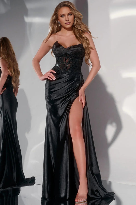 Dress Black Evening Dress Strapless Fit Sheer Embroidered Bodice Ruched Detail And A Bold High Slit Prom Dress