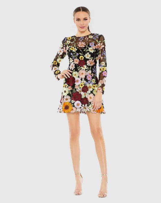 Dress Black Floral Embroidered Long Sleeve Mini Dress Evening Dress A-Line Illusion High Neck Prom Dress