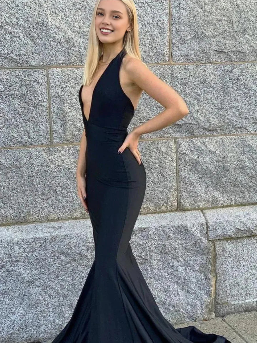 Dress Black Long Mermaid V-neck Satin Backless Formal Graduation Prom Dresses