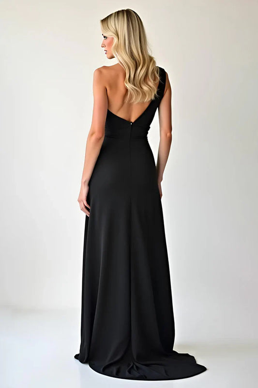 Dress Black One Shoulder Sheath Maxi Dress Prom Dress Sleeveless Slit Evening Dress
