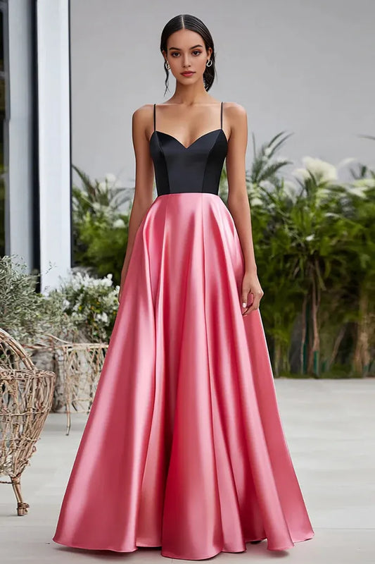 Dress Black Pink Spaghetti Straps A Line Satin Maxi Dress Prom Dress Sleeveless Floor-Length Evening Dress