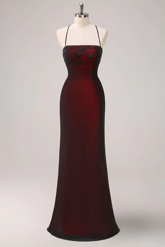 Dress Black Red Spaghetti Straps Backless Mermaid Bridesmaid Dress with Beading Prom Dress