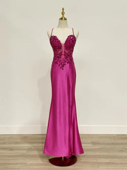 Dress Black Satin Gown Spaghetti Straps Plunging V Neckline Embroidered Sheer Bodice Sparkling Accents And A Bold High Slit Prom Dress