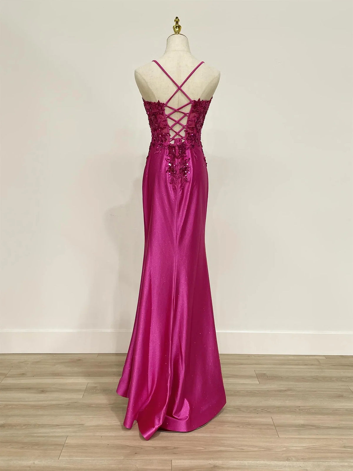 Dress Black Satin Gown Spaghetti Straps Plunging V Neckline Embroidered Sheer Bodice Sparkling Accents And A Bold High Slit Prom Dress