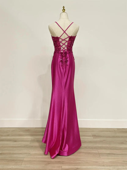 Dress Black Satin Gown Spaghetti Straps Plunging V Neckline Embroidered Sheer Bodice Sparkling Accents And A Bold High Slit Prom Dress