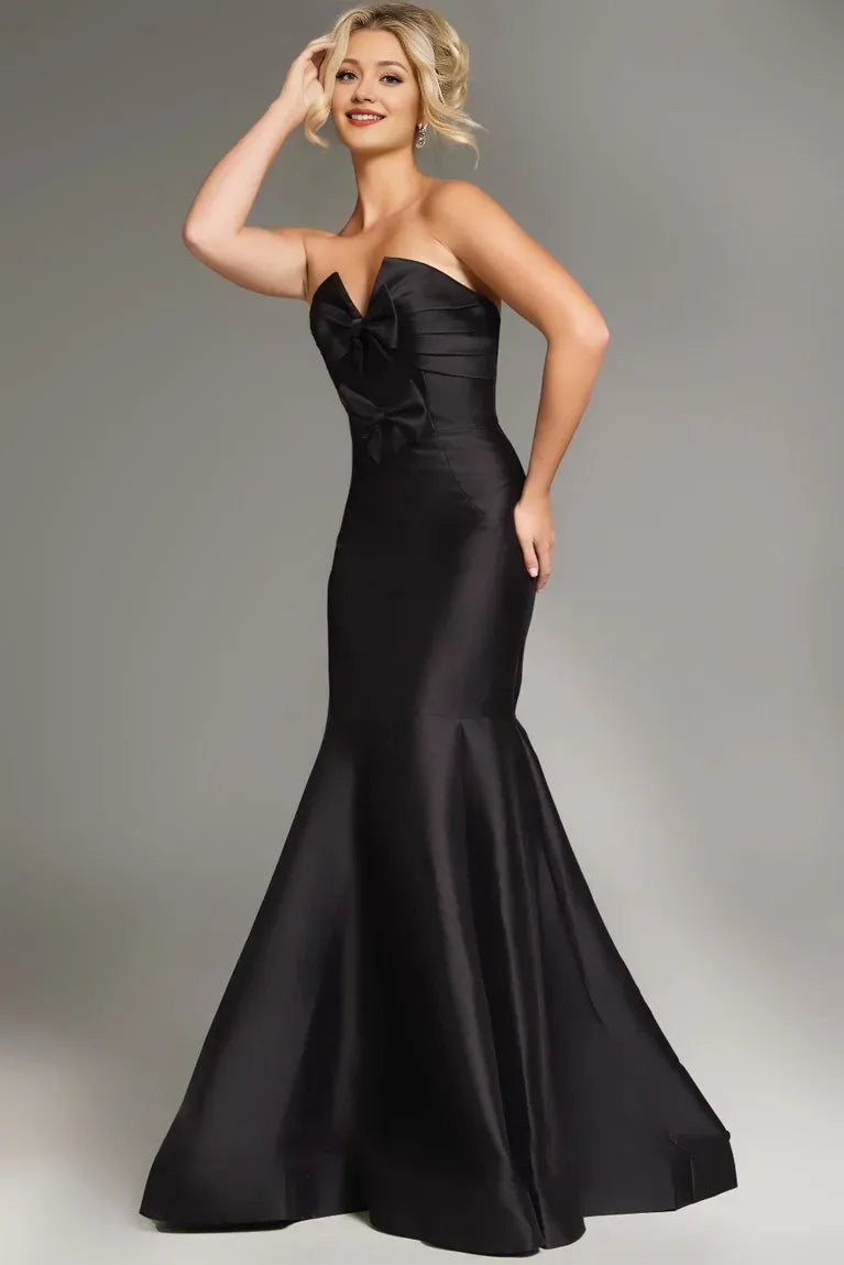 Dress Black Satin Strapless Mermaid Gown Bow Accent Flared Hem Embracing Opulent Elegance Prom Dress