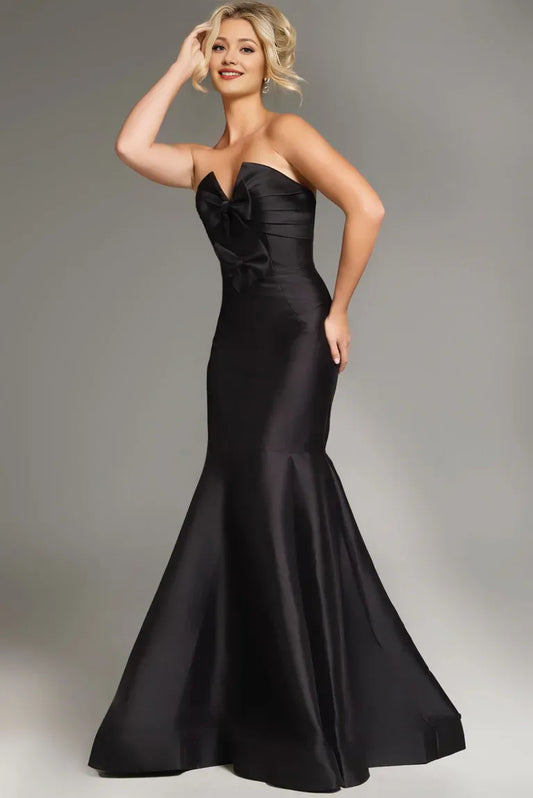 Dress Black Satin Strapless Mermaid Gown Bow Accent Flared Hem Embracing Opulent Elegance Prom Dress