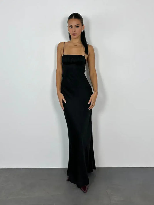 Dress Black Spaghetti Straps Sleeveless Prom Dress Pleated Floor Length Evening Dress