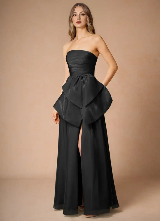 Dress Black Strapless Elegant Satin Maxi Dress Sleeveless A-line Backless Prom Dress With Slit