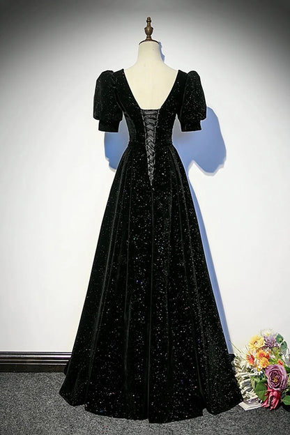 Dress Black Velvet Long Prom Dress Elegant A-Line Evening Lace-up Party Dress