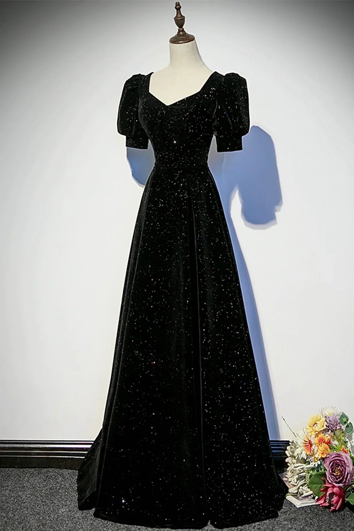 Dress Black Velvet Long Prom Dress Elegant A-Line Evening Lace-up Party Dress