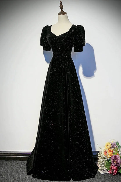 Dress Black Velvet Long Prom Dress Elegant A-Line Evening Lace-up Party Dress