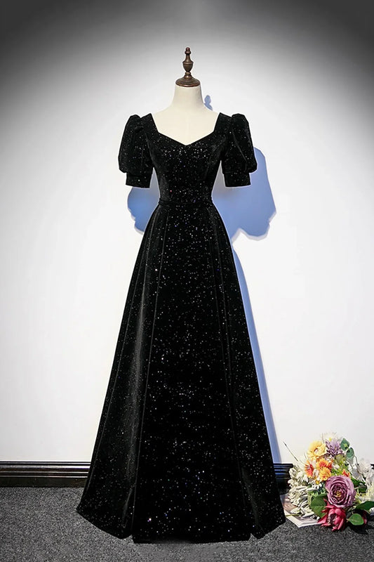 Dress Black Velvet Long Prom Dress Elegant A-Line Evening Lace-up Party Dress