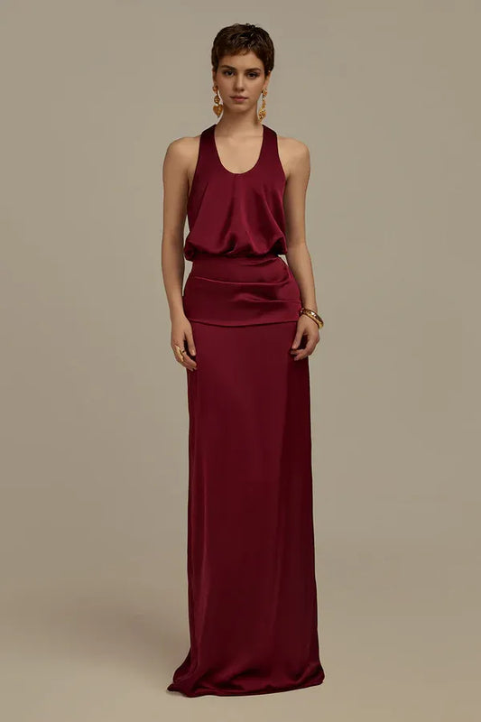 Dress Blouson Scoop Neck Satin Floor Length Dress Maxi Dress Sleeveless Sexy Open Back Prom Dress