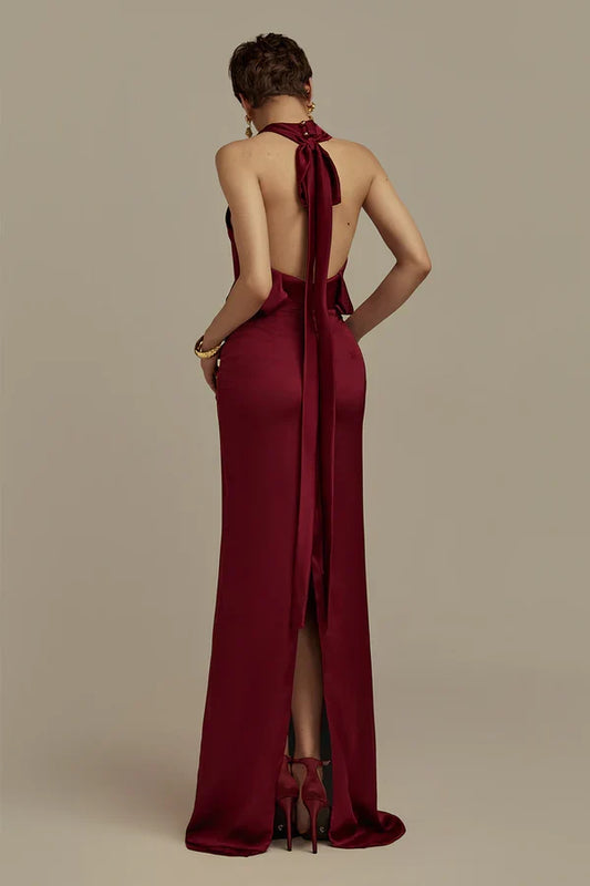 Dress Blouson Scoop Neck Satin Floor Length Dress Maxi Dress Sleeveless Sexy Open Back Prom Dress