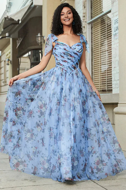 Dress Blue A-Line Printed Adjustable Straps Party Dress Sleeveless Maxi Dress With Pleated Prom Dress