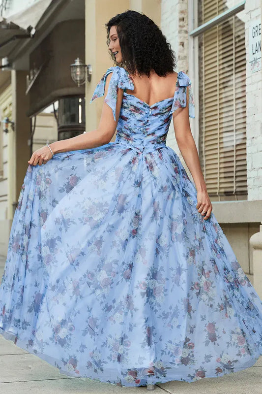 Dress Blue A-Line Printed Adjustable Straps Party Dress Sleeveless Maxi Dress With Pleated Prom Dress